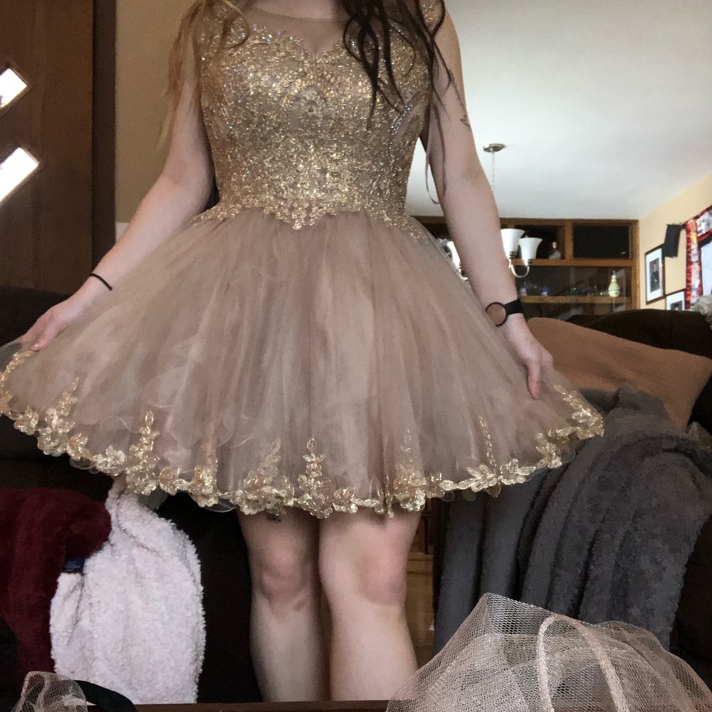 Eureka 6012 dress, short prom dress, gold mocha